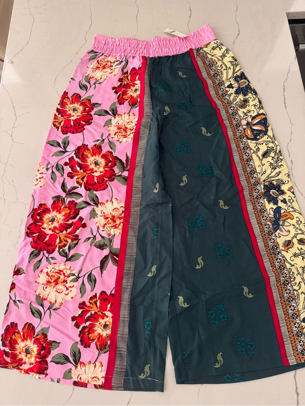 Anthropologie Patchwork Wide-Leg Pants in Pink, Teal & Cream